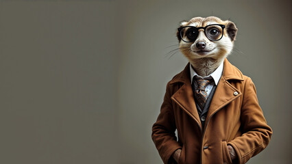 Poster - Cool meerkat in a fashionable jacket, tie, glasses. Wide banner with space for text on the left. Stylish animal poses like a supermodel