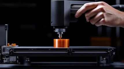 3D Printing in Action: A close-up shot of a 3D printer in operation, showcasing the intricate process of creating a custom object. The nozzle glides smoothly across the platform, depositing molten 