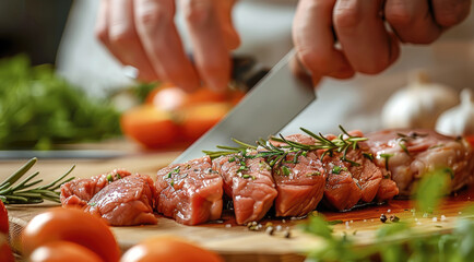 Close-up of hands using stainless steel knife to cut meat on wooden board, surrounded by ingredients in blurred background.