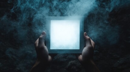 A pair of hands hold a glowing tablet, illuminating a dark smoky background.