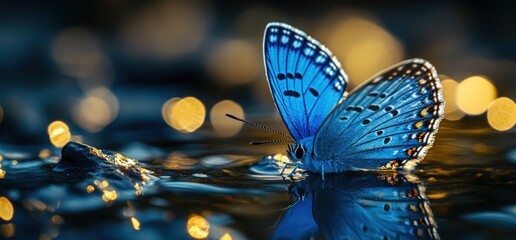 A close-up of a blue butterfly perched on a rock with water reflecting its wings and a bokeh background of golden lights.