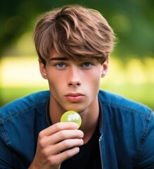 Canvas Print - Young man holding a small object. AI.