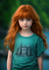 Sticker - A young girl with long red hair and blue eyes. AI.