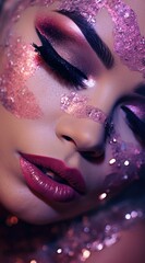 Canvas Print - A close-up of a person's eye with pink glitter makeup. AI.