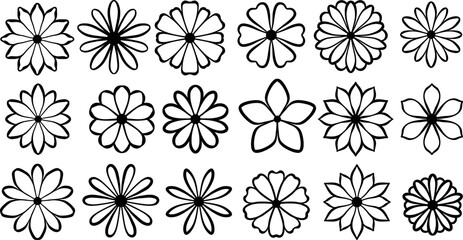 Wall Mural - Flower shapes, daisy icon hand drawn line art doodle illsutration set, isolated