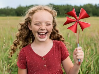 Sticker - A young girl smiles and holds a pinwheel. AI.