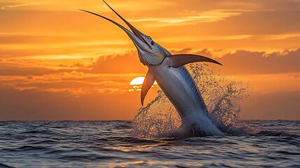 Wall Mural - a sailfish leaps from the water against a vibrant sunset sky.
