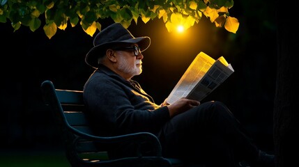 The Gentle Glow of Evening: A man sits on a park bench, bathed in the soft light of a nearby lamppost, engrossed in reading a newspaper. The tranquility of the scene captures the quiet moments 