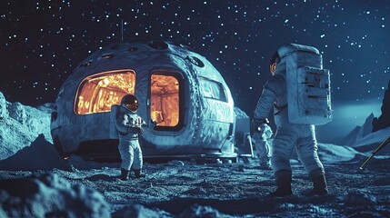 Wall Mural - astronauts by a lunar habitation module under a starry sky