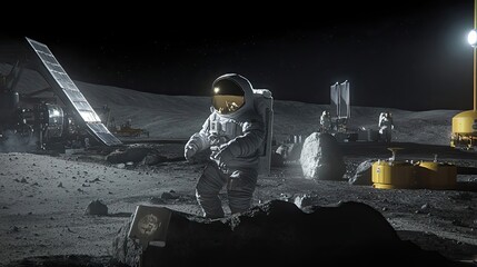 Wall Mural - astronaut exploring a lunar base with a large rock in the foreground
