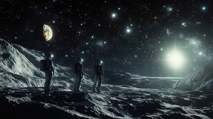 Wall Mural - three astronauts on an alien planet with a crescent moon and a bright star in the sky