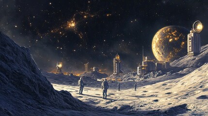 Wall Mural - astronauts exploring a futuristic lunar base under a starry sky