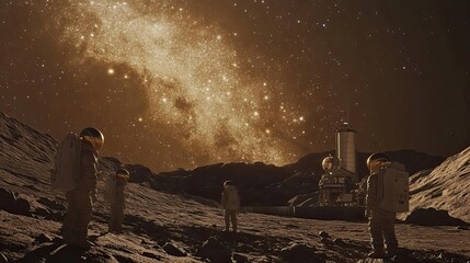 Wall Mural - astronauts explore a martian landscape under a starry sky