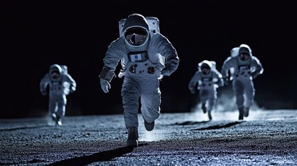 astronauts running on a dark, lunar surface