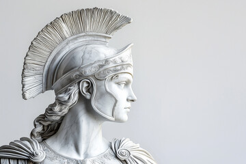 Classical white marble statue of a warrior, detailed with helmet and armor.