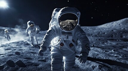 Wall Mural - astronaut exploring the lunar surface with a group