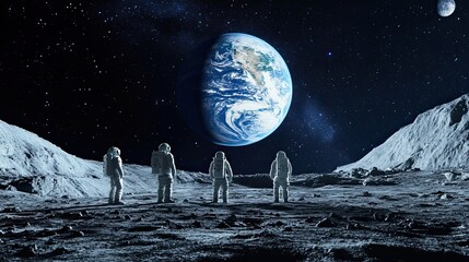 Wall Mural - astronauts on the moon gazing at earth