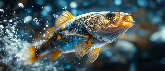 A close-up of a fish jumping out of the water with splashes and bubbles.