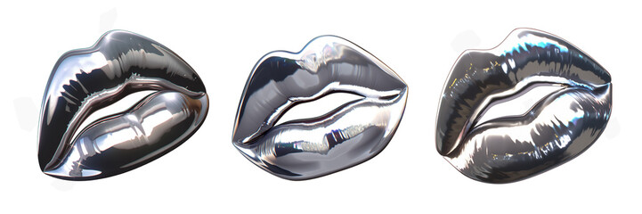 Wall Mural - shiny chrome metal lips isolated. 80s 90s glossy silver beauty, cosmetics, makeup icons