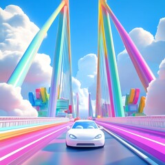 White car driving on the bridge, a rainbow-colored sky, a cartoon-style illustration. abstract city skyline, Amusement pink candy land park in the sunset time