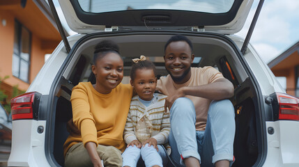 Happy family sitting in a car trunk and waiting for charging