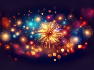 Poster - a colorful display of fireworks with a blurry background of lights.