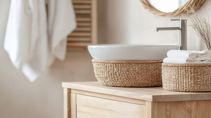 Bathroom cabinet with rattan baskets for storage, clean and organized boho home