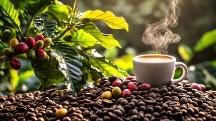 Steaming Cup of Fresh Roasted Coffee Beans on Nature Background