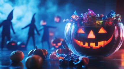 A bowl brimming with Halloween treats glimmers in the evening light, as little ghosts and goblins approach from the background, their bags ready to collect candy.