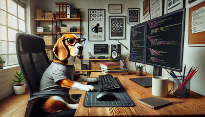 A dog wearing glasses coding on a computer.