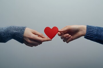 Two hands exchanging a red heart symbolizing love and connection.