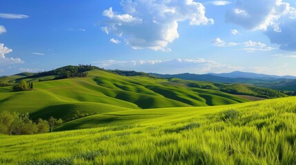 Wall Mural - Hills And Sky. Scenic View of Rolling Green Hills and Blue Sky in Tuscany Landscape