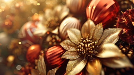 Holiday Art. Christmas Decoration with Golden Ornaments for Festive Celebrations