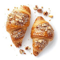 Poster - Breakfast croissants with crumb freshly baked with butter and nuts on white background 