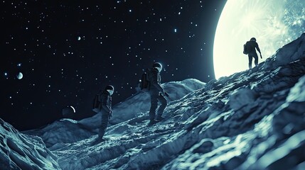 Wall Mural - astronauts ascending a lunar landscape towards a bright celestial body