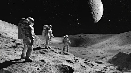 three astronauts exploring the lunar surface with a moon in the background