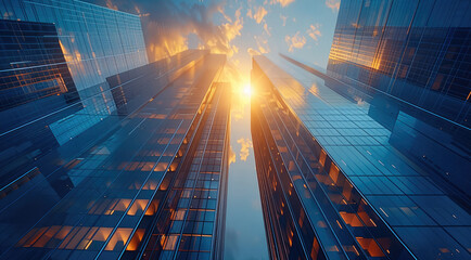 Aufkleber - Modern skyscrapers of a smart city, futuristic financial district with buildings and reflections , blue color background for corporate and business template with warm sun rays of light.