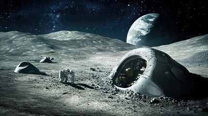 Wall Mural - astronauts on the moon with earth in the background