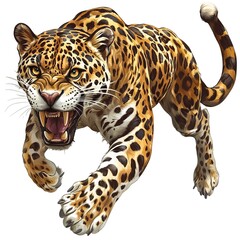 Wall Mural - an angry leaping jaguar illustration element cut out isolated on white background