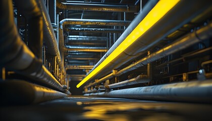 Wall Mural - Ominous industrial scene featuring a long pipe with a yellow stripe illuminated in a dark room, surrounded by various other pipes.