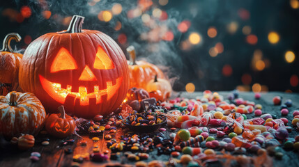 Wall Mural - A delightful spread of candy is showcased on a Halloween-themed table, highlighted by glowing jack-o-lanterns and eerie decorations.