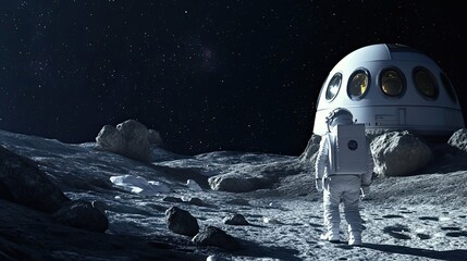 Wall Mural - astronaut walking on the moon's surface towards a spacecraft