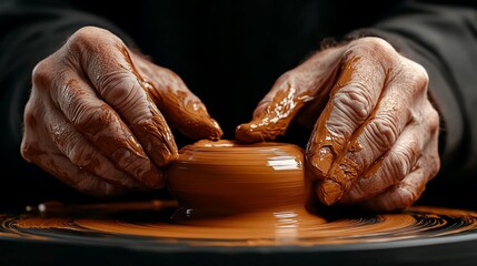 Hands Shaping Clay: A close-up of a potter's hands expertly shaping a clay pot on a spinning wheel. The image captures the artistry, focus, and precision of the craft, highlighting the transformative 