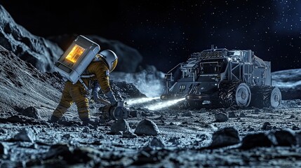 Wall Mural - astronaut working on a lunar rover with a starry sky in the background