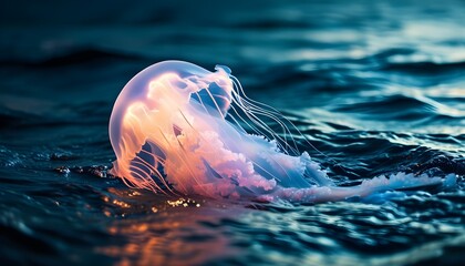 Enchanting bioluminescent jellyfish drifting gracefully in the deep blue ocean