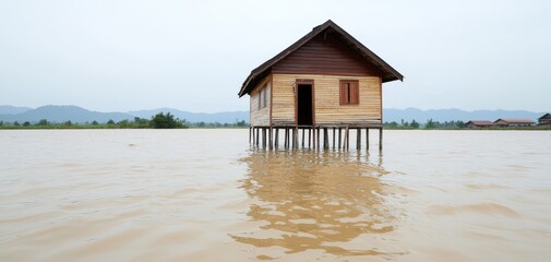 A traditional wooden house on stilts standing in the midst of floodwaters