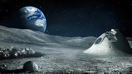Wall Mural - a futuristic lunar base with earth in the distance