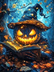 Wall Mural - Halloween pumpkin reading a book, oil painting.