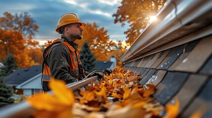 Poster - Roofer cleaning gutters of a residential house, roofer stands on scaffolding, autumn.