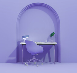 Wall Mural - Minimal office table desk on purple background. Minimal idea concept for study desk, lamp, plant vase and workspace. Work from home office.